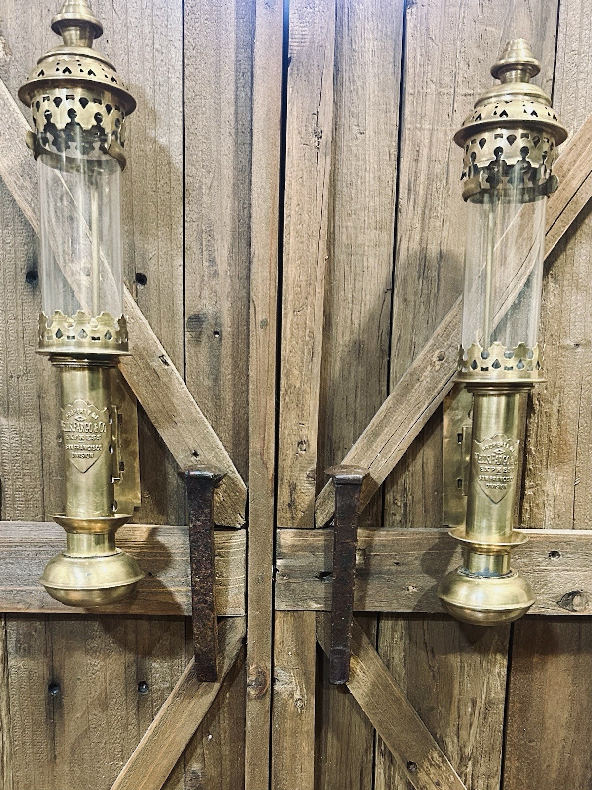 One Pair vintage Wells Fargo & Co. Express  brass Coach Lanterns.