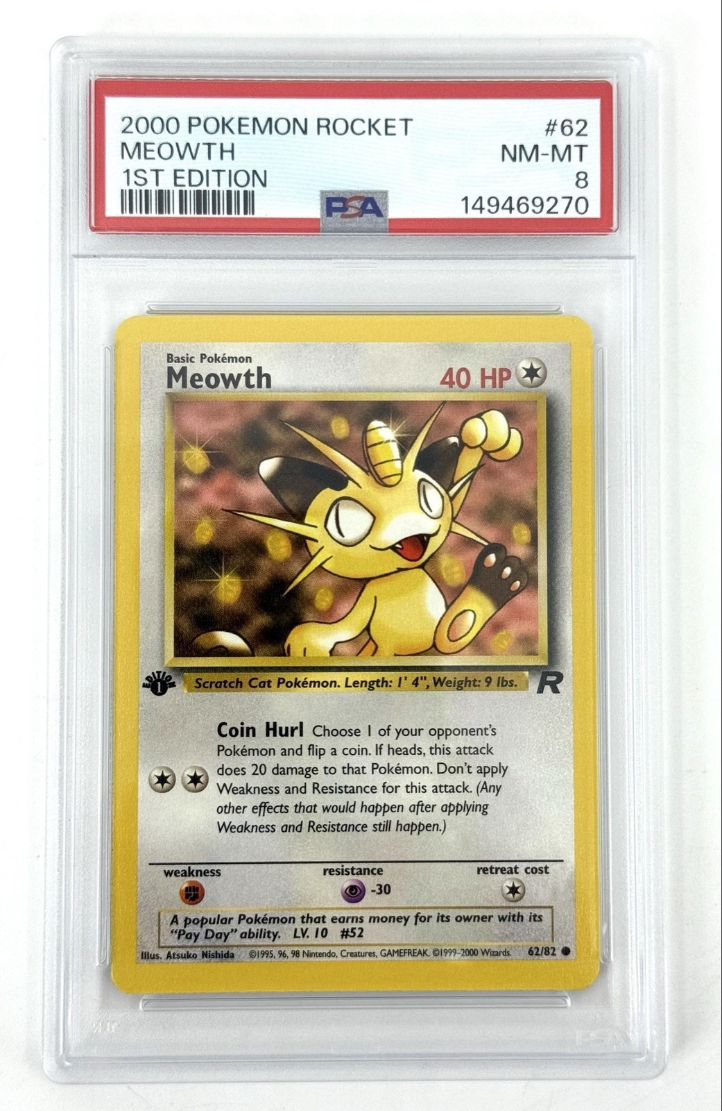 Vintage 2000 Pokemon Team Rocket Meowth 1st Edition PSA 8 62/82 WOTC USA
