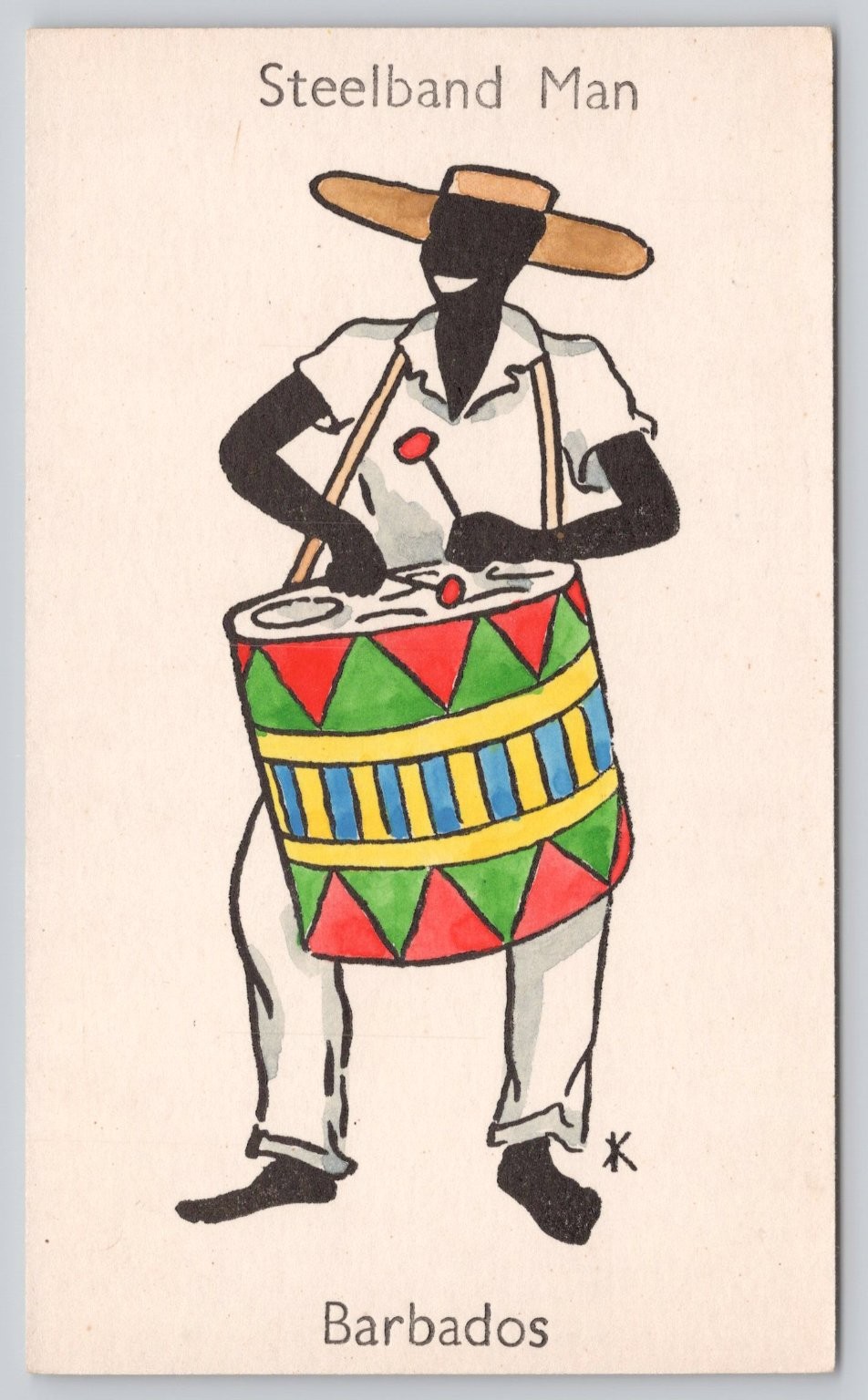 Vintage Barbados Steelband Man Postcard - Caribbean Drummer Art