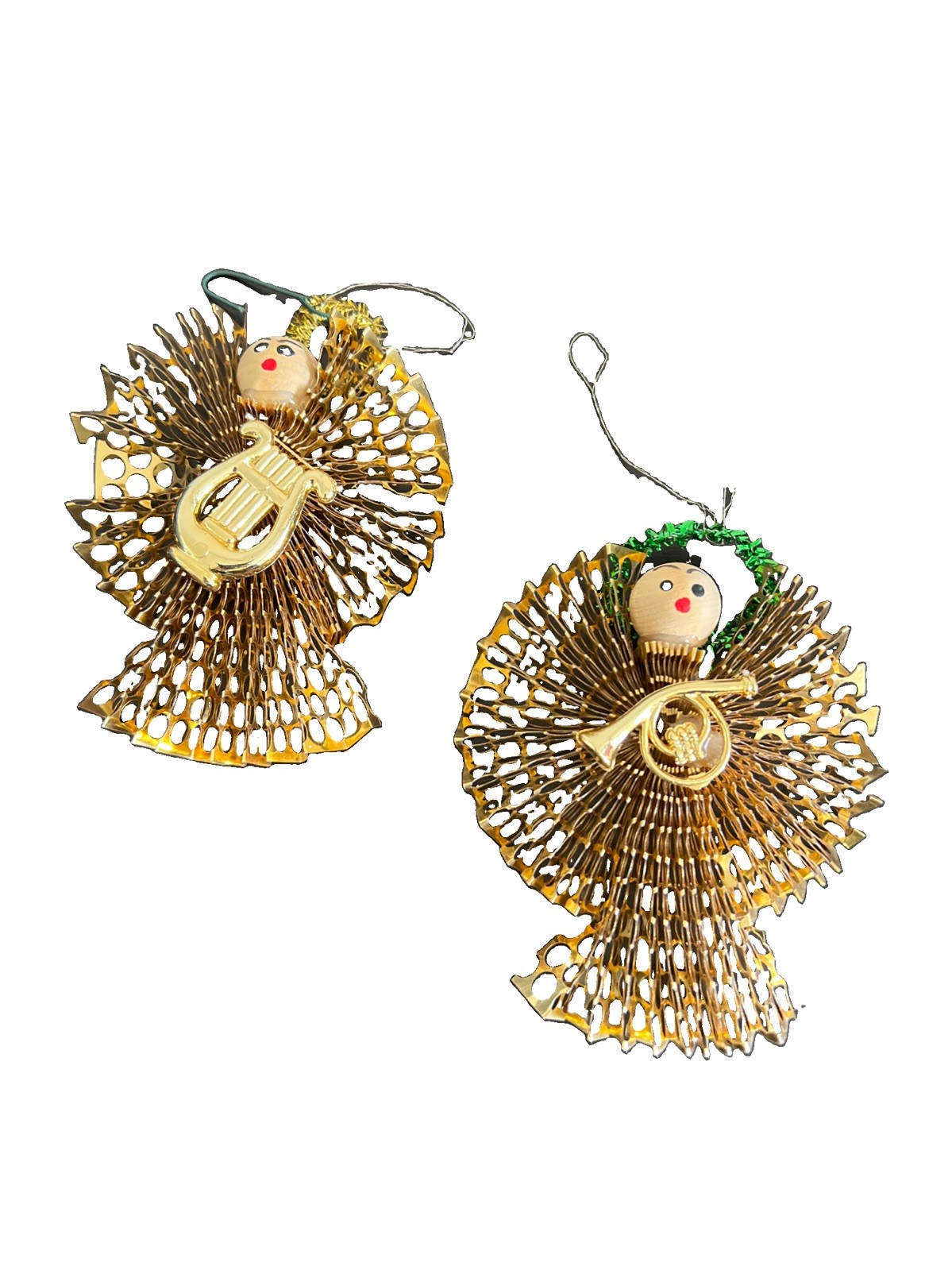 2 VTG Mid Century Christmas “Holey” Angels Ornaments Homemade Sequins 5” Gold