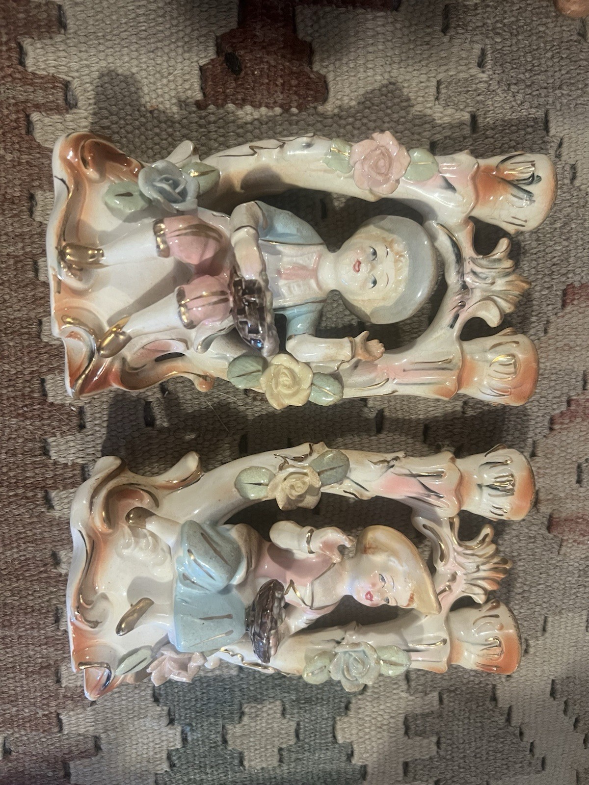 Vintage UCAGCO Japan Boy Girl Porcelain Double Candle Holders Roses Figural Pair