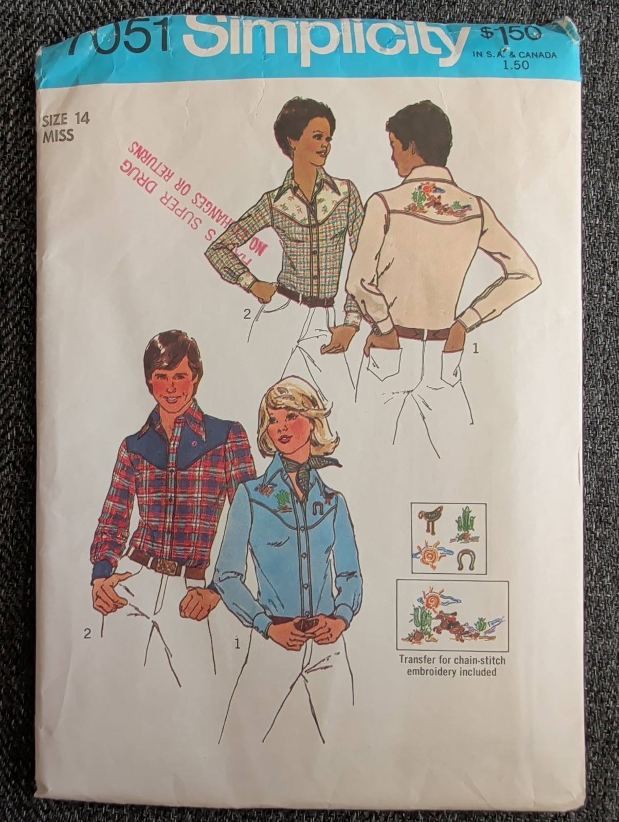 Vtg Pattern SIMPLICITY #7051 Misses Western Shirt 70s Embroidery Transfer Sz 10