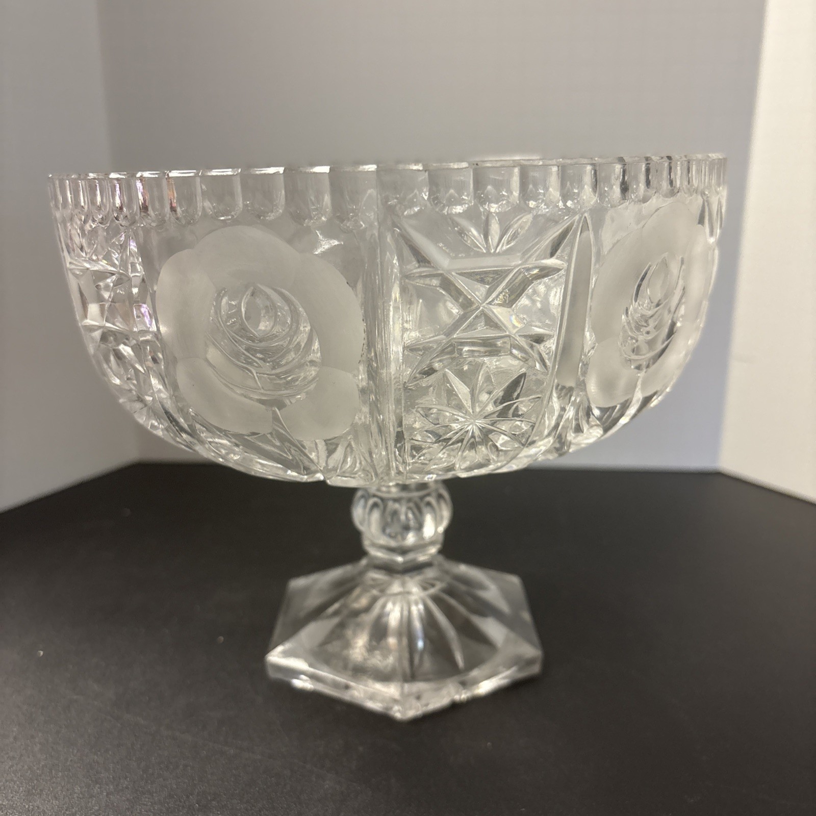 Crystal Fruit Compote Bowl. Etched Roses And Cut Stars. 7” Tall  8.5” Across