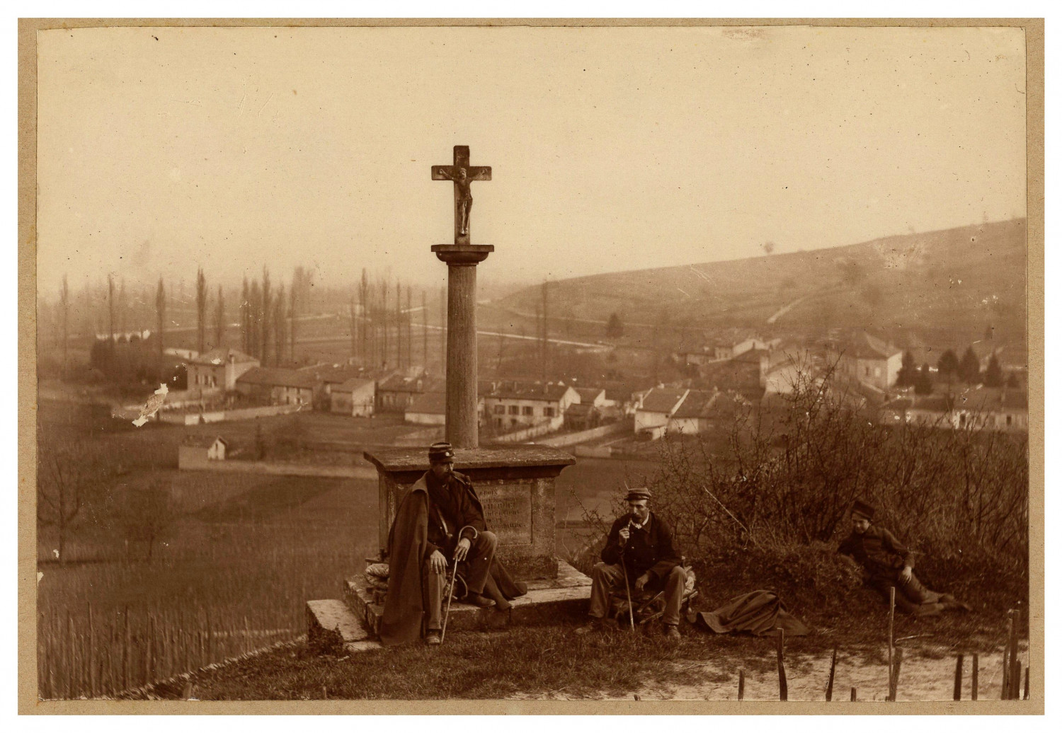 France, Soldiers at the foot of'a religious monument, vintage print, ca.1880 Fr