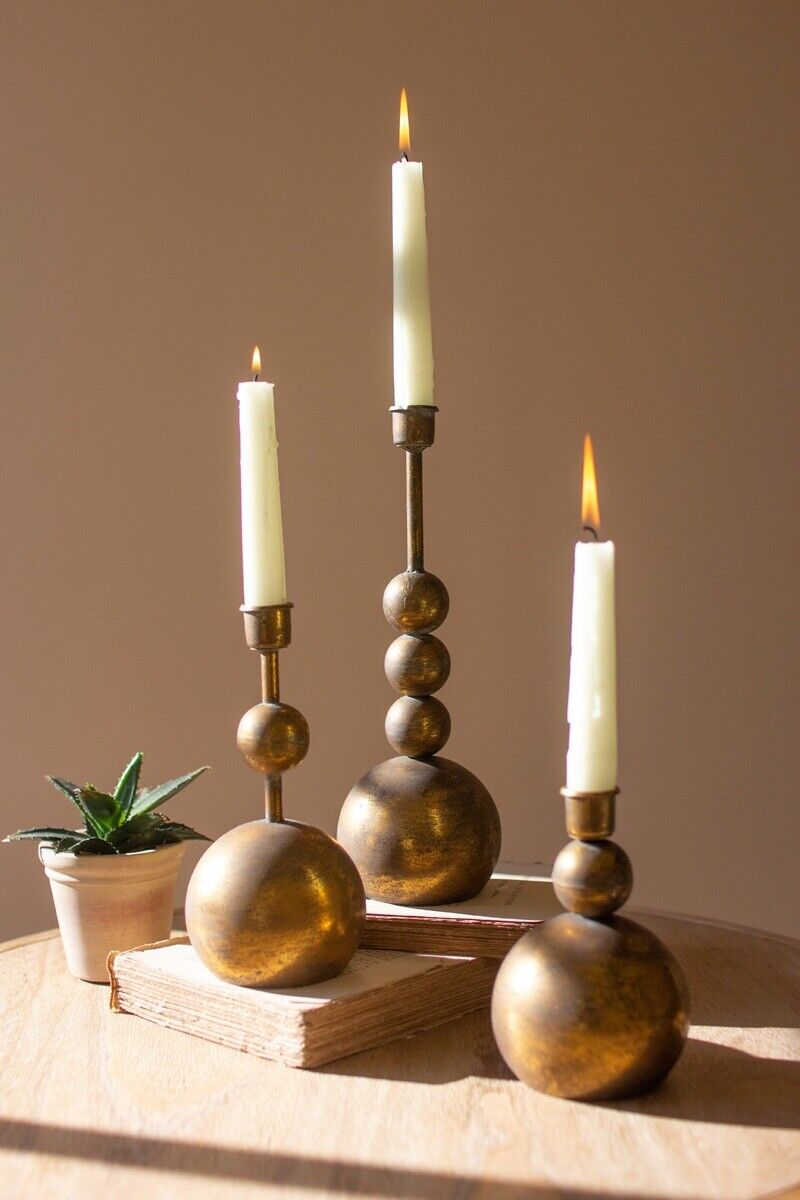 Kalalou Antique Brass Ball Candle Holders - New in Box - Set of 3