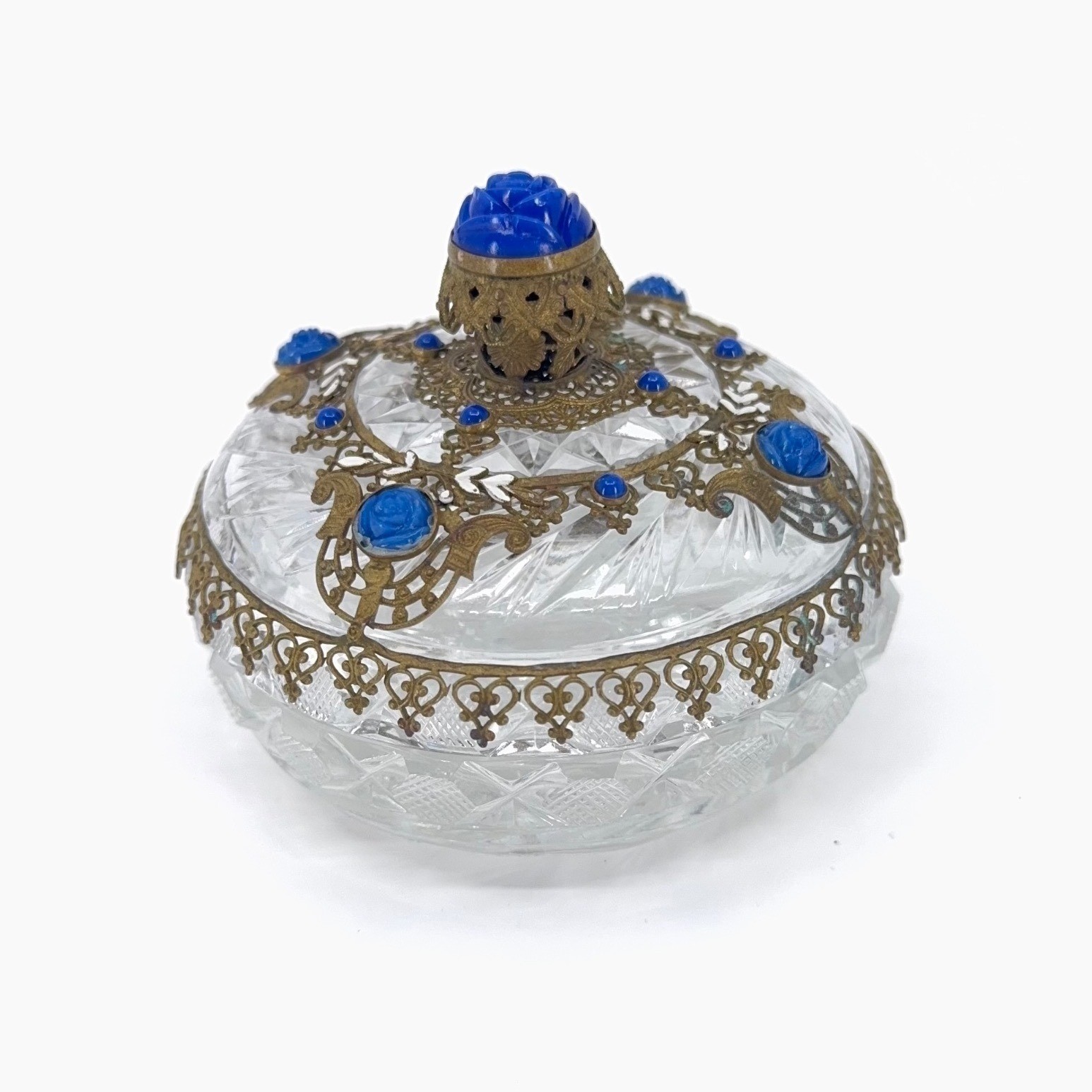 Vintage Cut Crystal Trinket Box Blue Rose Filigree Brass Overlay Jewelry Dish