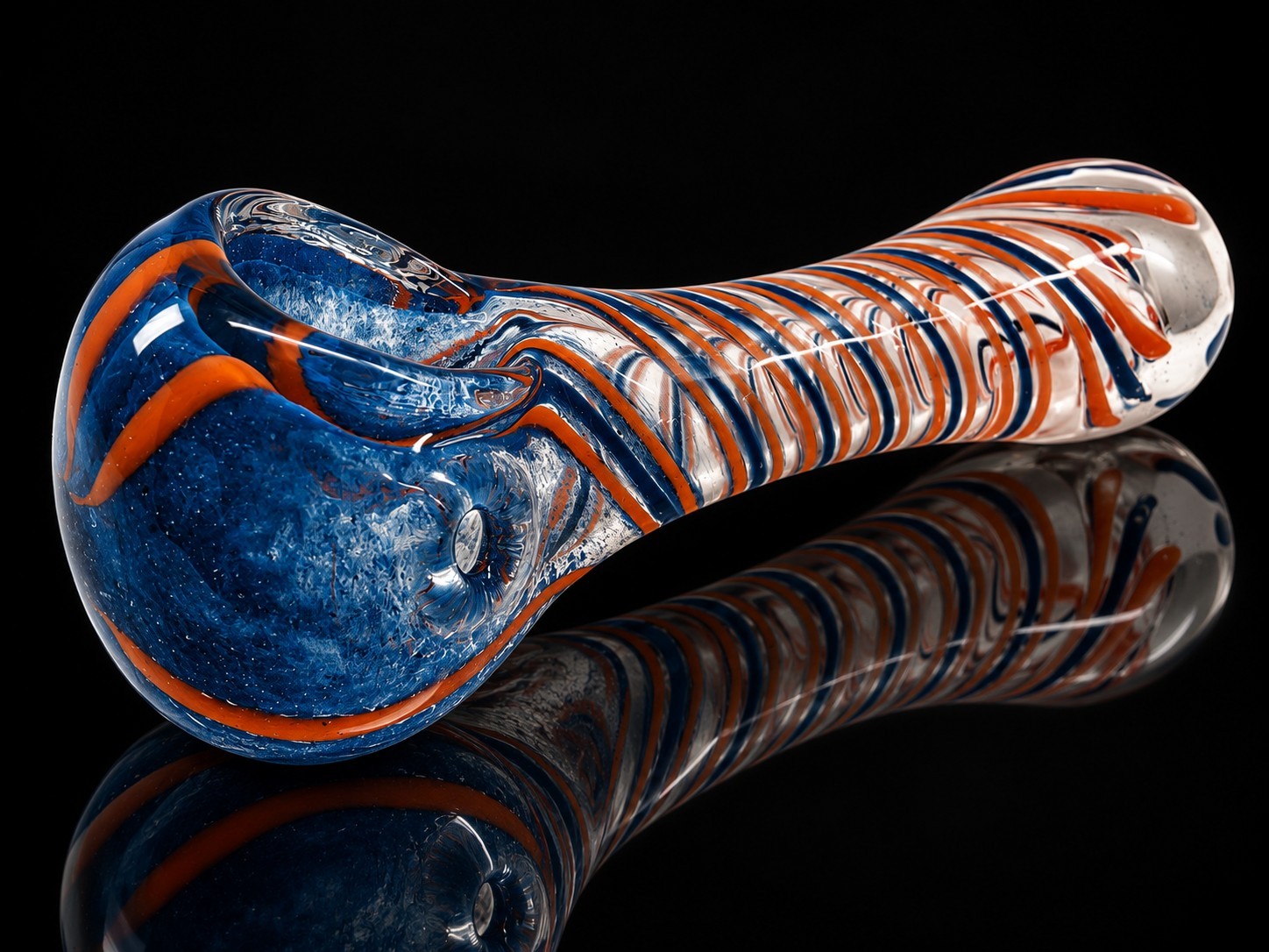 Glass Tobacco Hand Pipe Cobalt Blue Orange Spiral Clear Art Glass