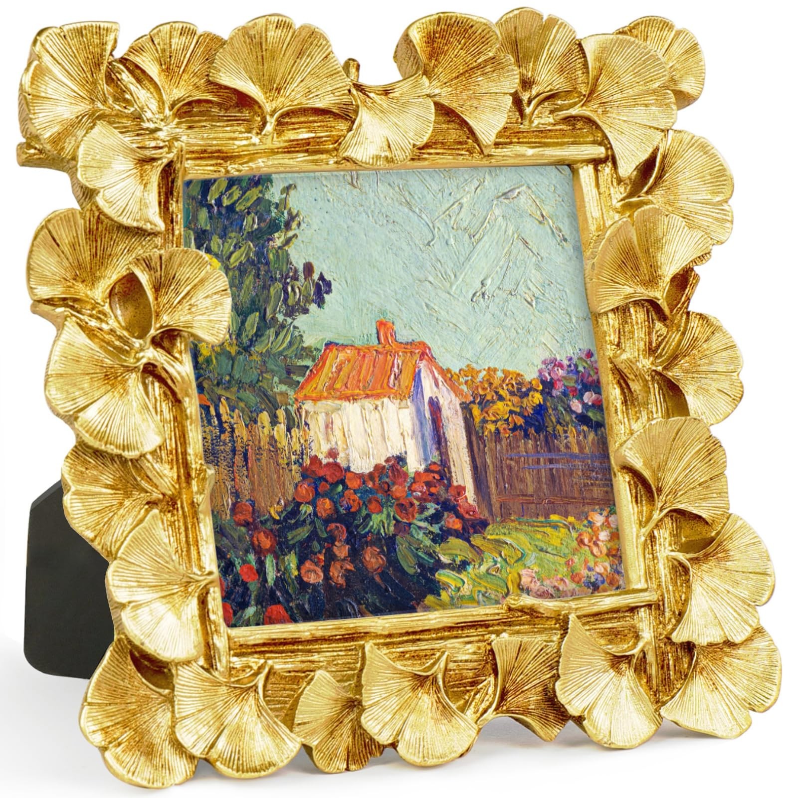 4x4 Picture Frame, Gold Ornate Leaf Texture Handmade Resin with Glass Front