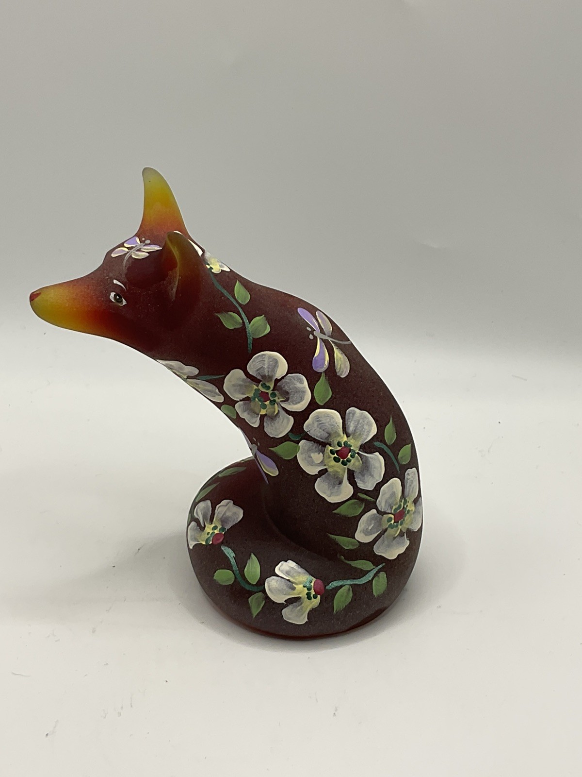 Fenton Hand Painted OOAK Stylized Ruby Fox Floral Design by Melissa Caplinger