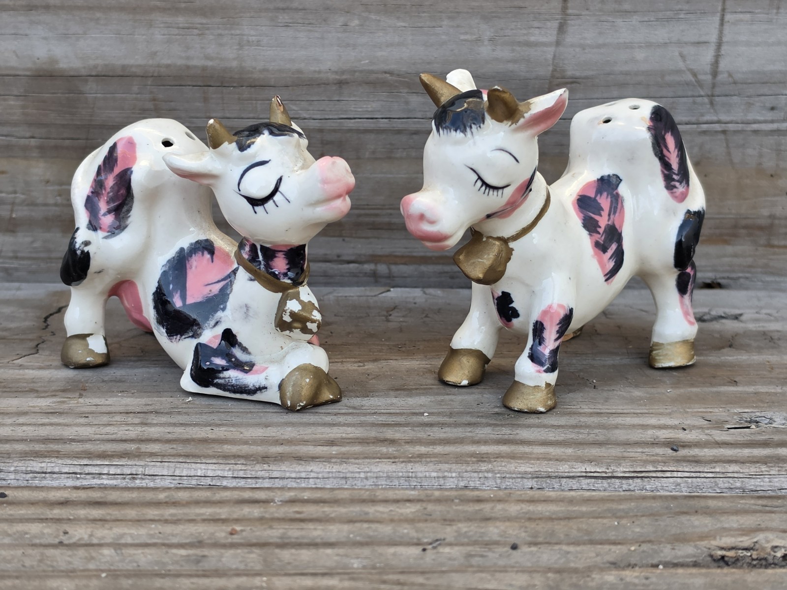 Vintage 1950s MCM Anthropomorphic Pink & Black Spotted Cow Salt & Pepper Shakers