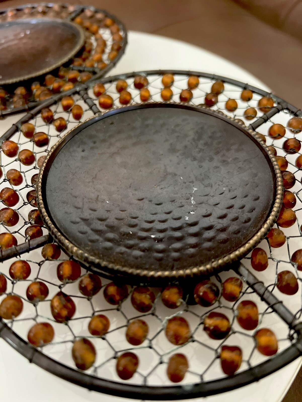 Candle Holder Brass & Amber Beaded Plate votive Made In India Decor  3pc