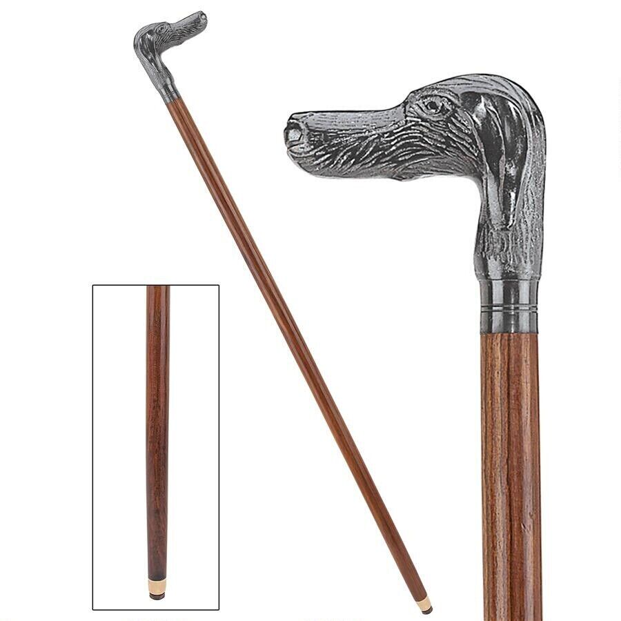 Antique Replica Polished Hardwood Cast Metal Hunting Dog Handle Walking Stick