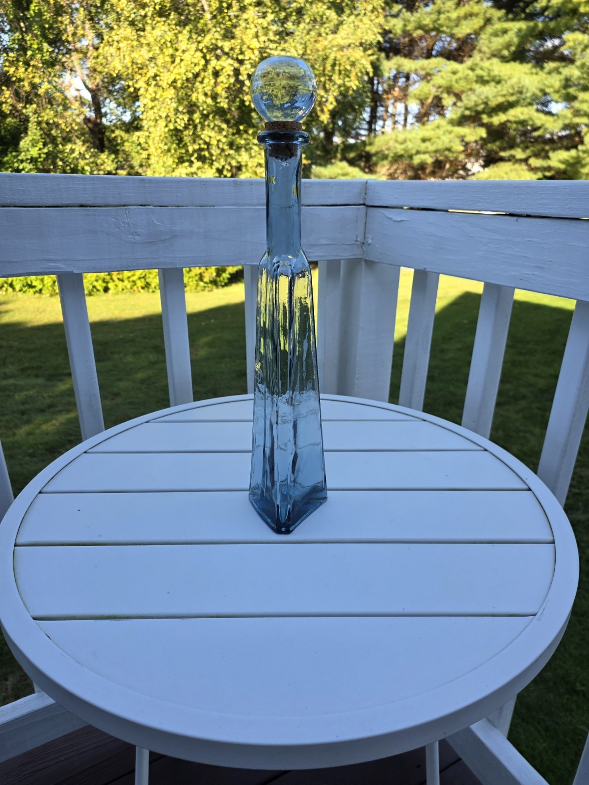 Vintage MCM Clear Blue Glass Decanter with Original Stopper, Rare Triangle Shape