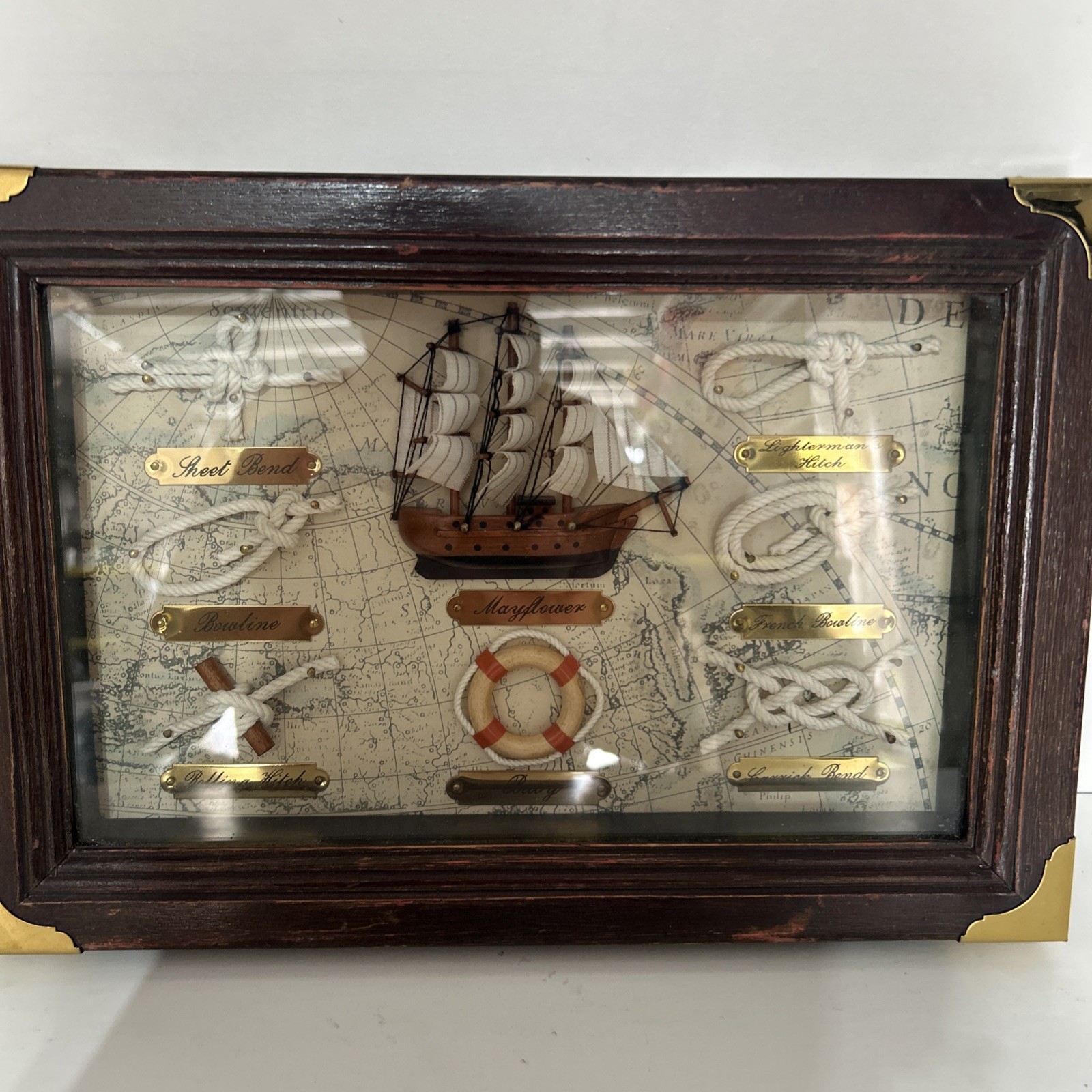 FRAMED NAUTICAL ART SAILING SHIP MAYFLOWER & SAILOR KNOTS 13.5\