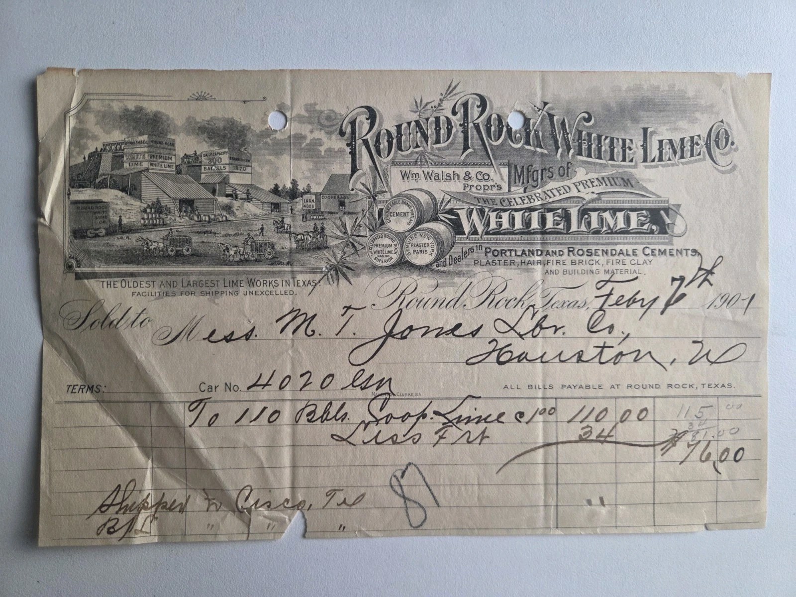 1901 Round Rock White Lime Co Texas Illustrated Billhead Wm Walsh Factory Wagons