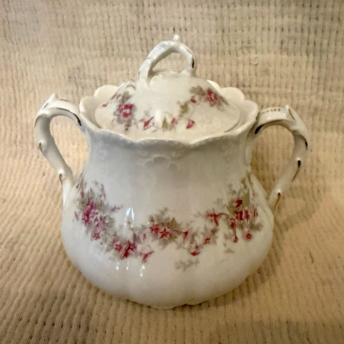 Antique Bassett Limoges Austria Covered Sugar Bowl Pink Roses Gold Trim