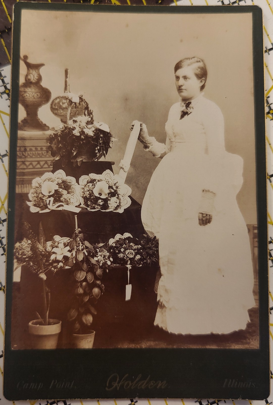 Antique Victorian Cabinet Card Woman Flowers Possible Graduation c1888 IL