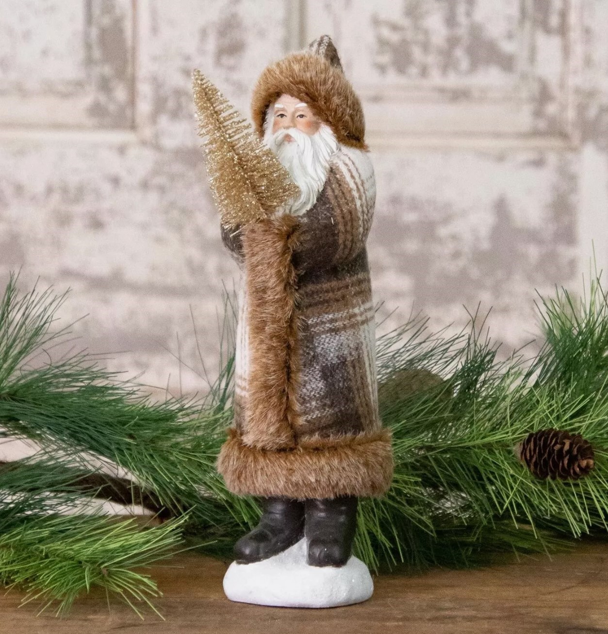Primitive Belsnickle Brown White Plaid Santa Claus Holds Christmas Tree 10\