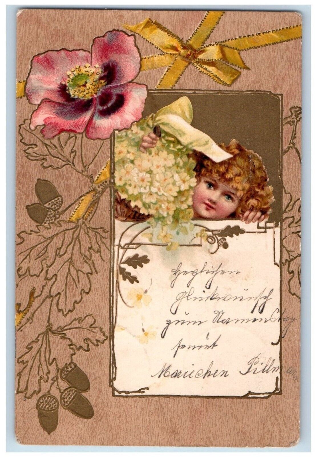 1901 Cute Little Girl Curly Hair Nuts Flowers Embossed Posted Antique Postcard