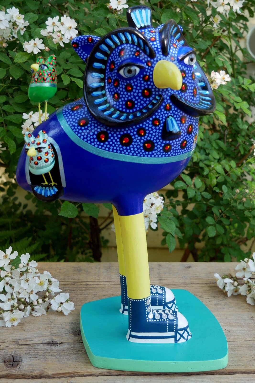 Tonalá Pottery Owl by Prudencio Guzman Wearing Sneakers Handmade Mexico Folk Art