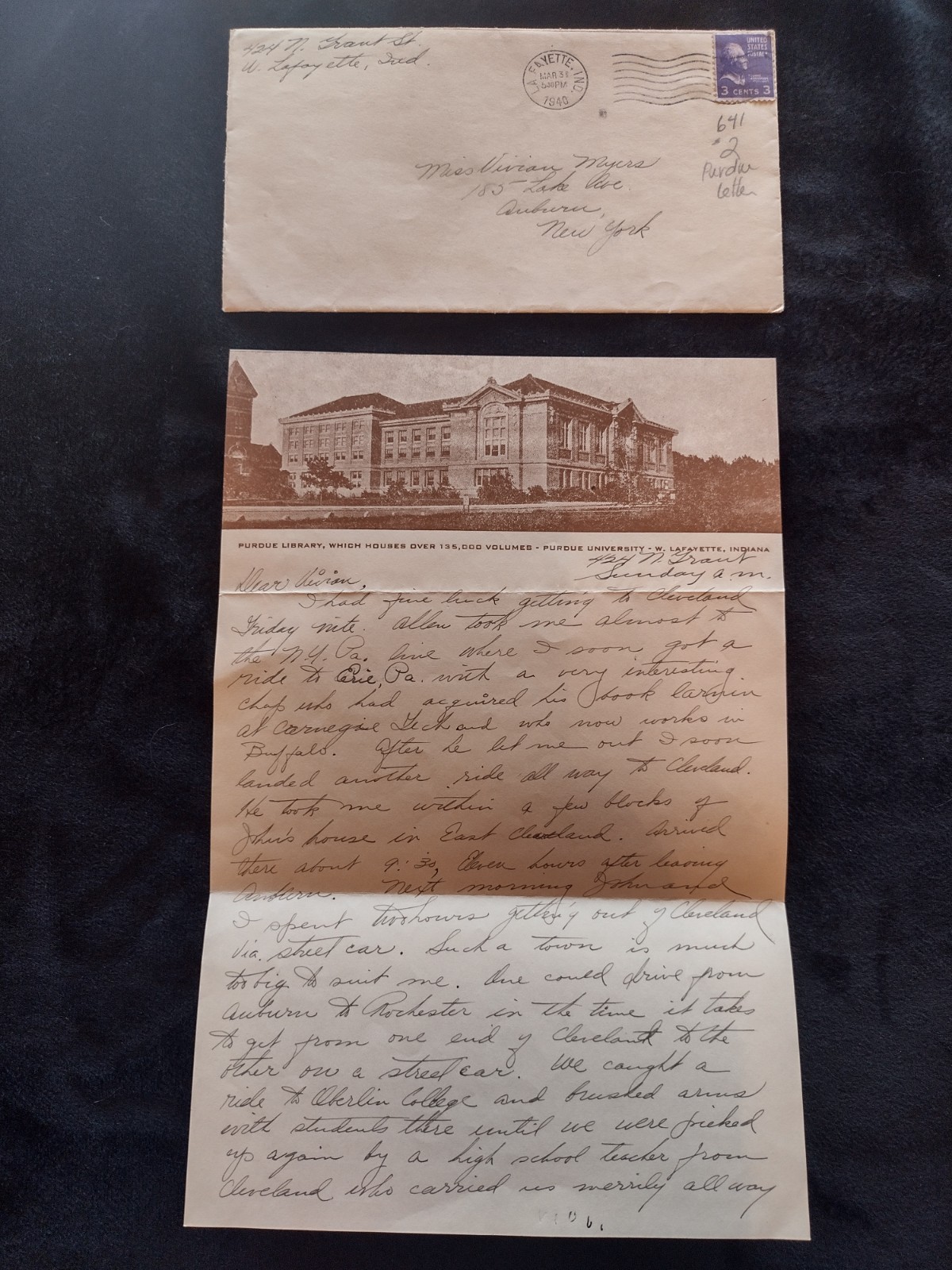 1940s Purdue U Handwritten Letter Hitchhiking Travel Story Vintage Ephemera
