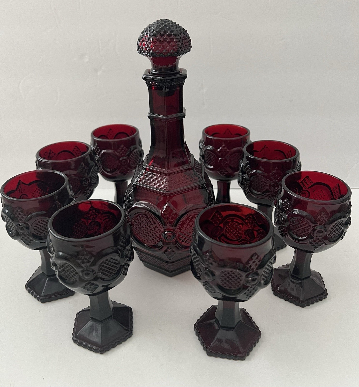 VTG Avon Cape Cod Ruby Red Glass Wine Decanter & 8 Goblets