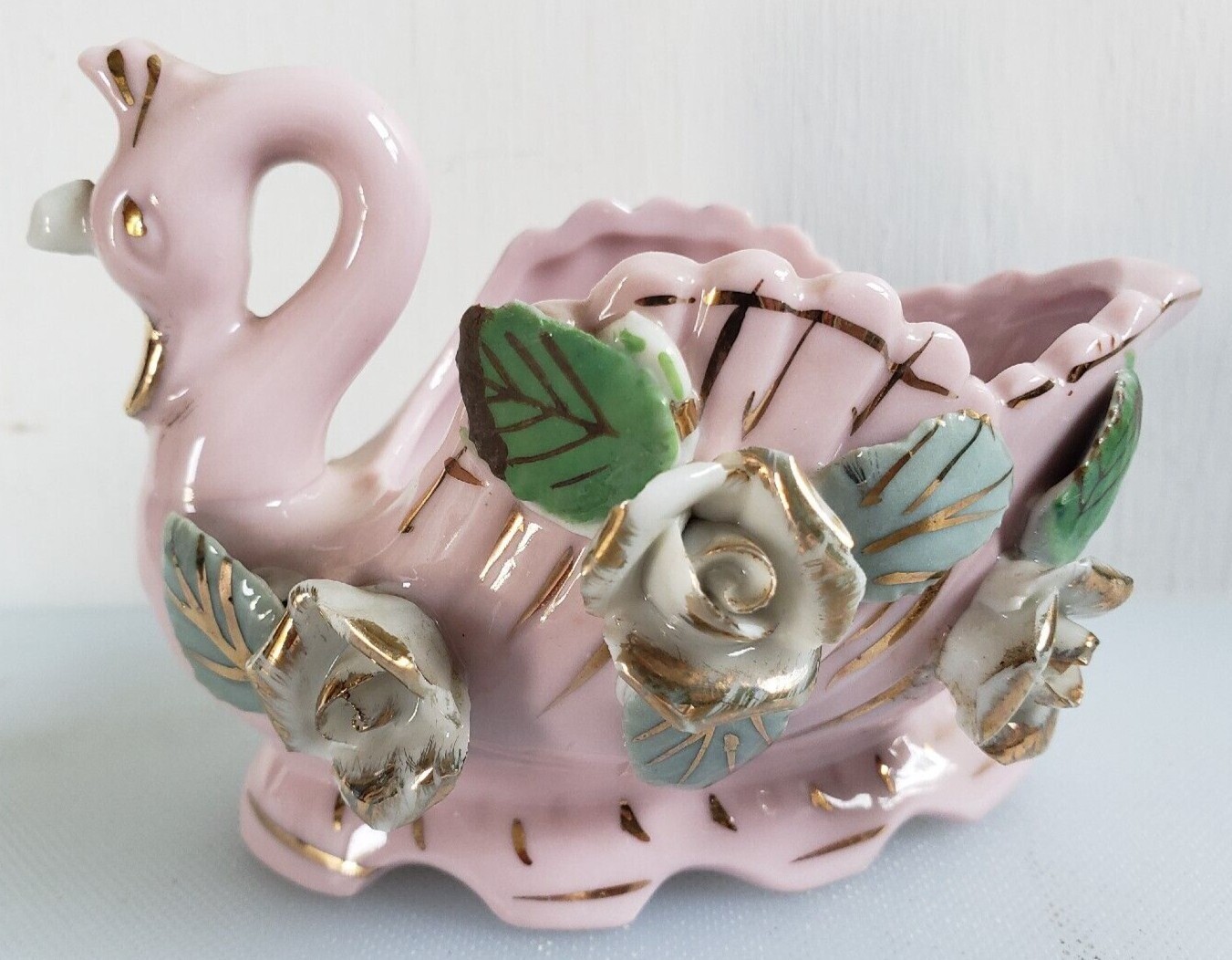 Vintage Pink Swan Planter Figural Floral Porcelain 5\