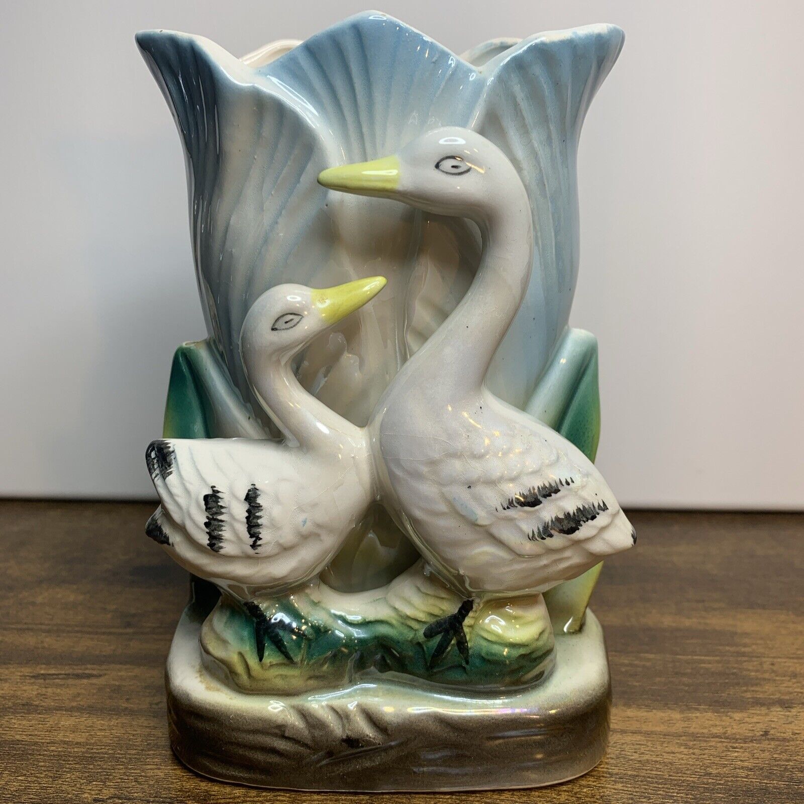 Swan Planter Colorful  Iridescent Ceramic Lusterware Vase Mid Century VTG