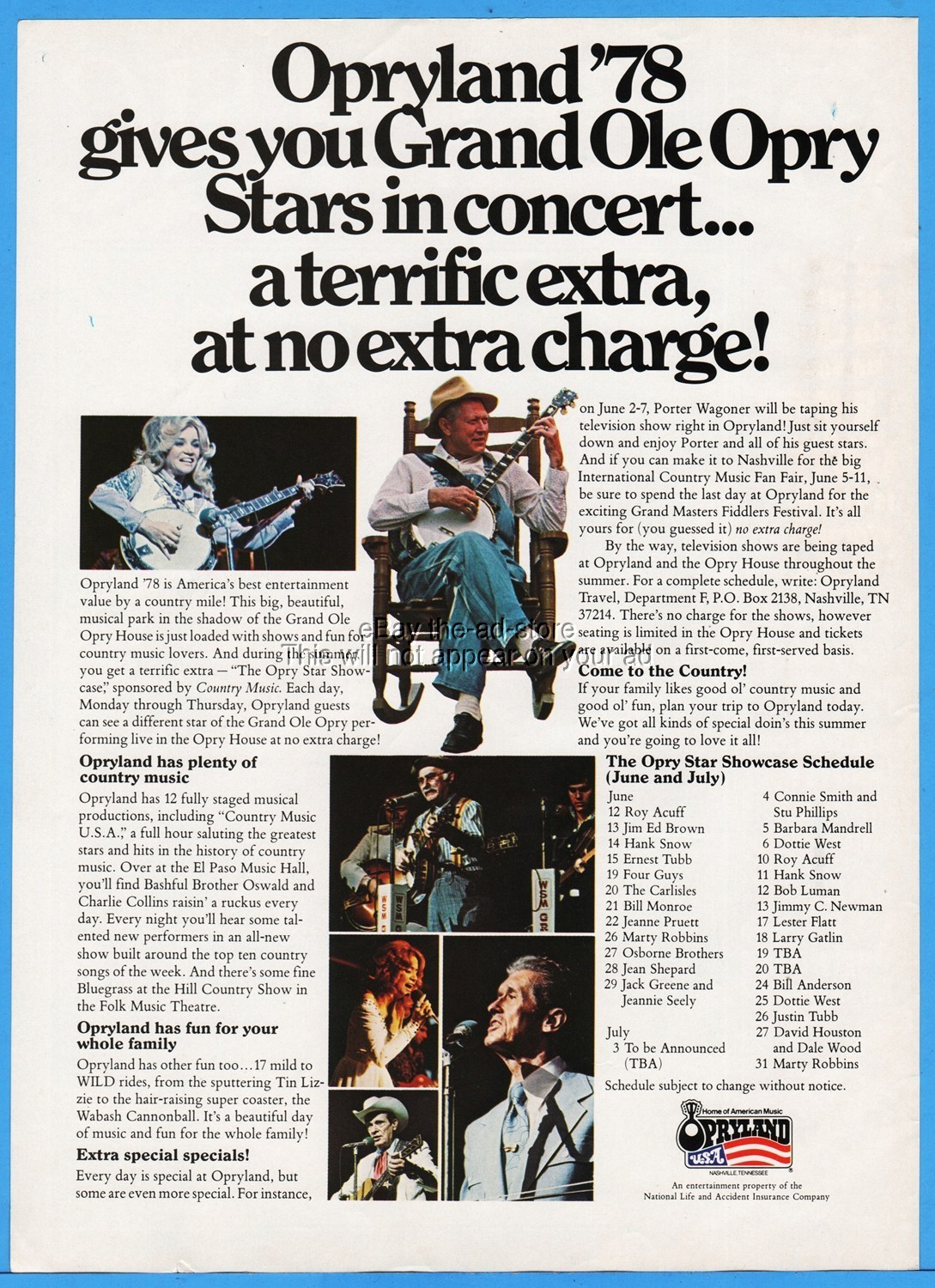 1978 Opryland USA Nashville Tennessee Grand Ole Opry Showcase Schedule Print Ad