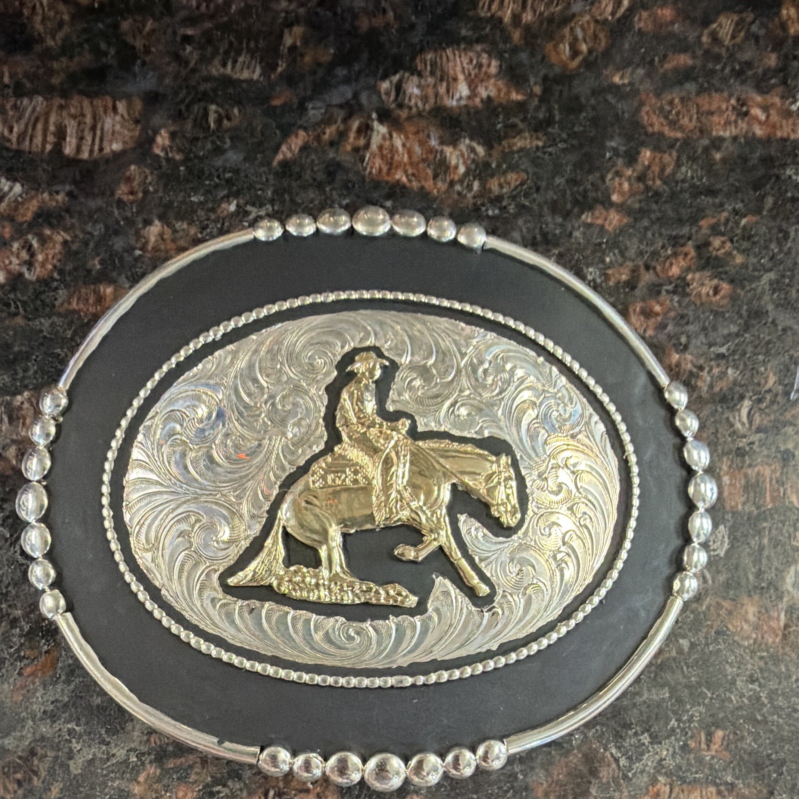 Wages Silversmith Western Oval  Belt Buckle Silver/Black Hand eng, gold fill