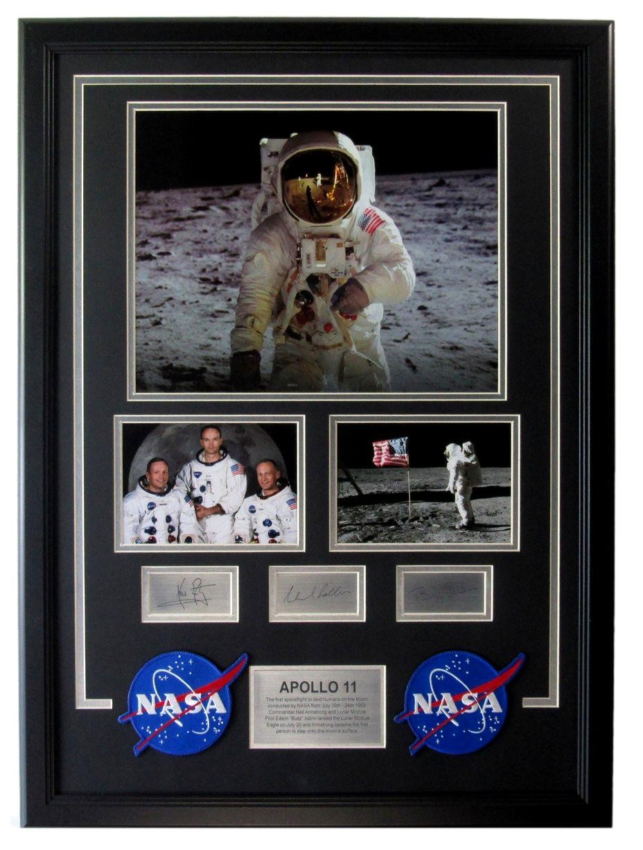 Apollo 11 Photo Collage w/laser autos Aldrin Armstrong Collins Framed 208226