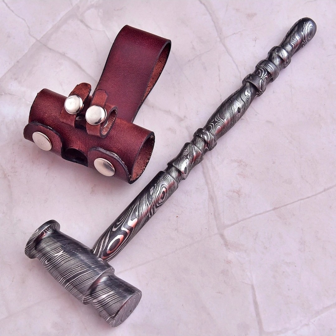Custom Handmade Damascus Steel Viking Hammer Mjolnir Style War Hammer w/ Sheath.