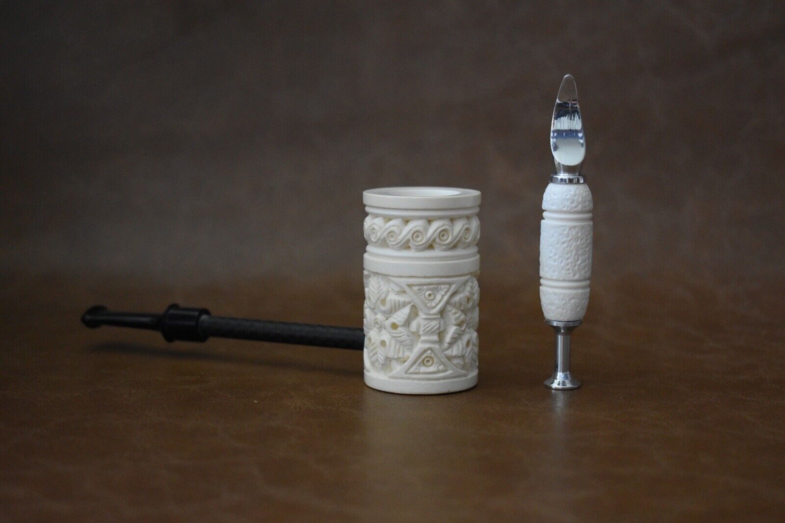 Ornate Poker Pipe W Tamper Carbon Fiber Shank Block Meerschaum Handmade Case1749