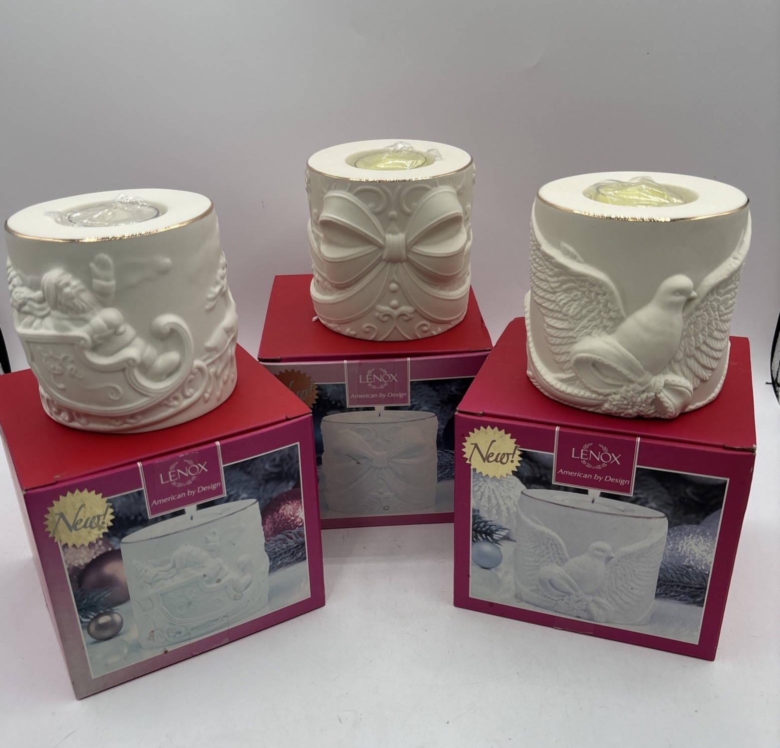 Lenox Radiant Light Votive Candle Holders Set of 3 Santa, Bow, Dove New In Box