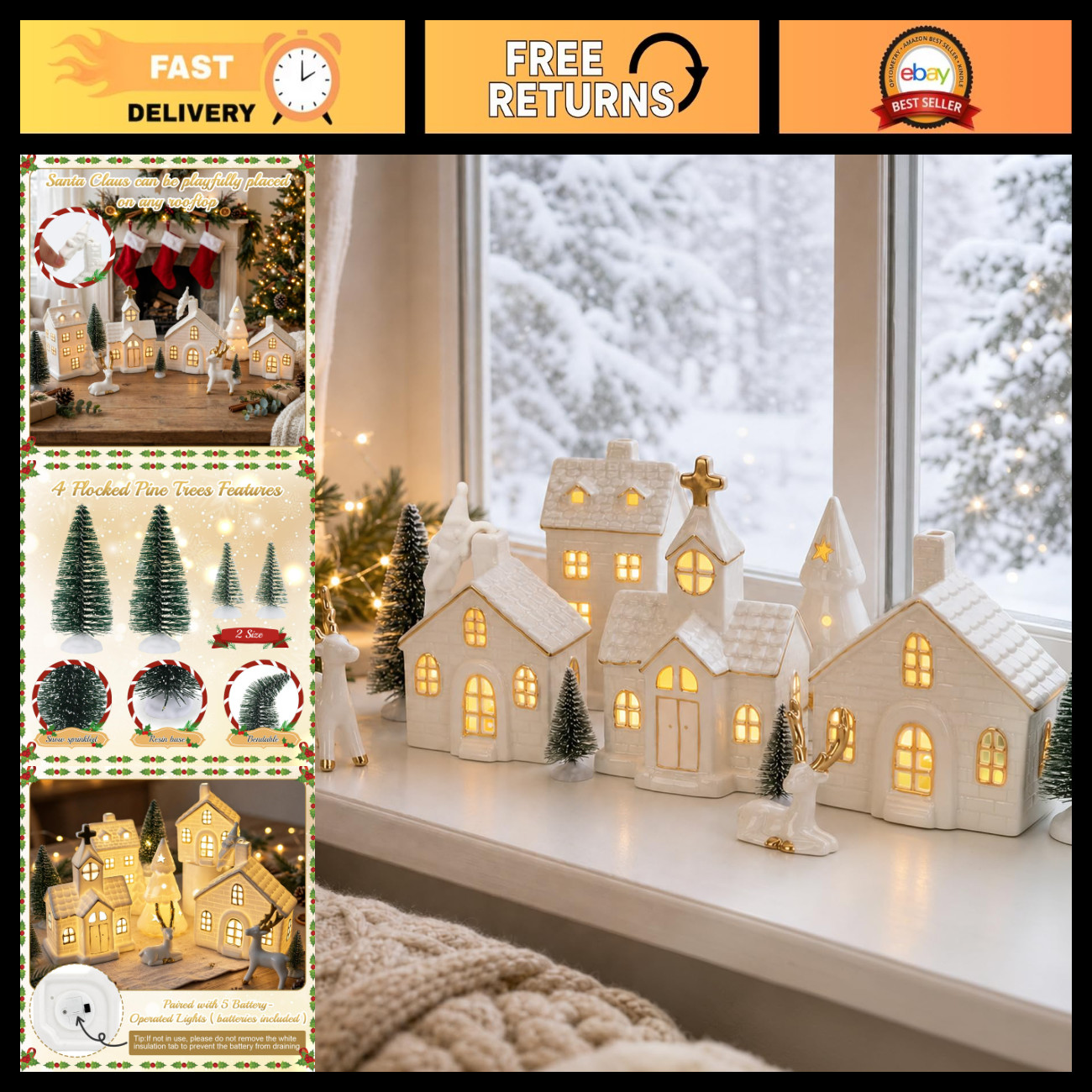 12 Pcs LED Christmas Village House Set - Festive Holiday Decor for Home