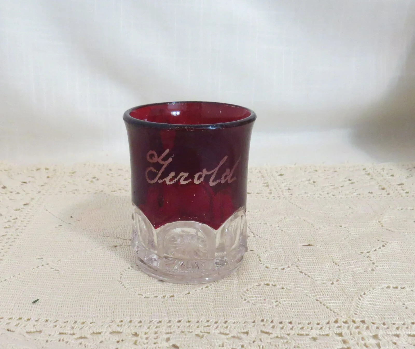 Antique Souvenir Gerald Ruby Stain Pressed Glass Cup Mug
