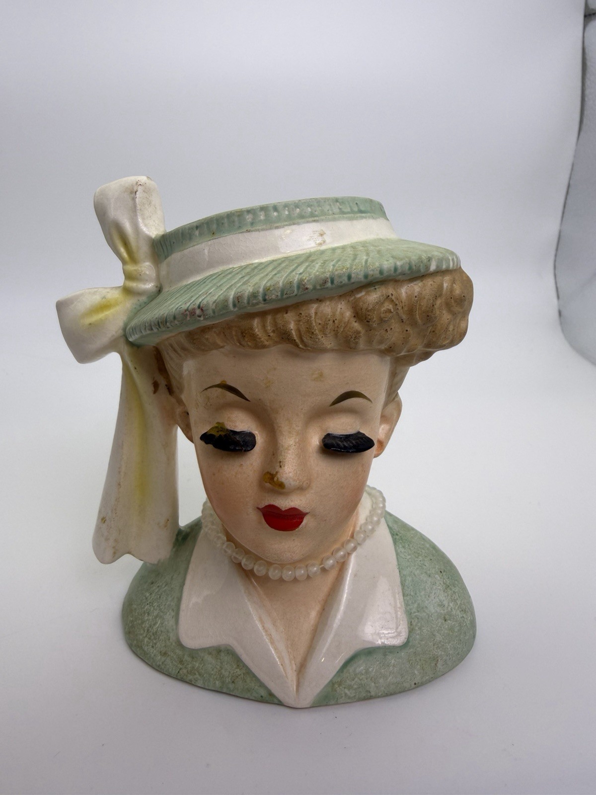 Vintage 1958 NAPCO Lady Head Vase C3342A Japan Green Hat Bow Pearls MCM