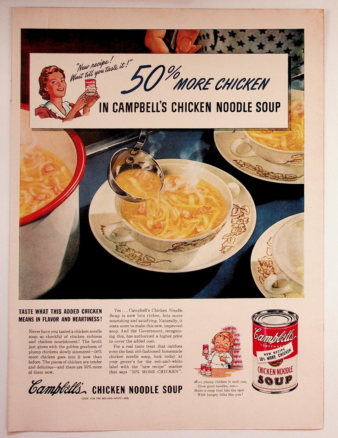 Vintage Campbell's Chicken Noodle Soup 1950s Magazine Print Ad 50% More Chicken Vintage Campbell's Chicken Noodle Soup 1950s Magazine Print Ad 50% More Chicken