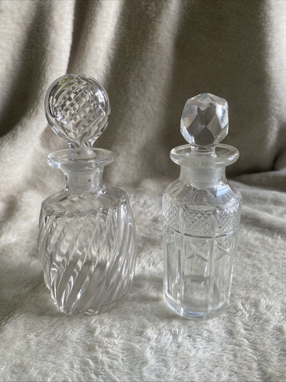 2 MCM Art Deco Style Pressed Glass Vanity Perfume/Scent Decanter Bottles Stopper