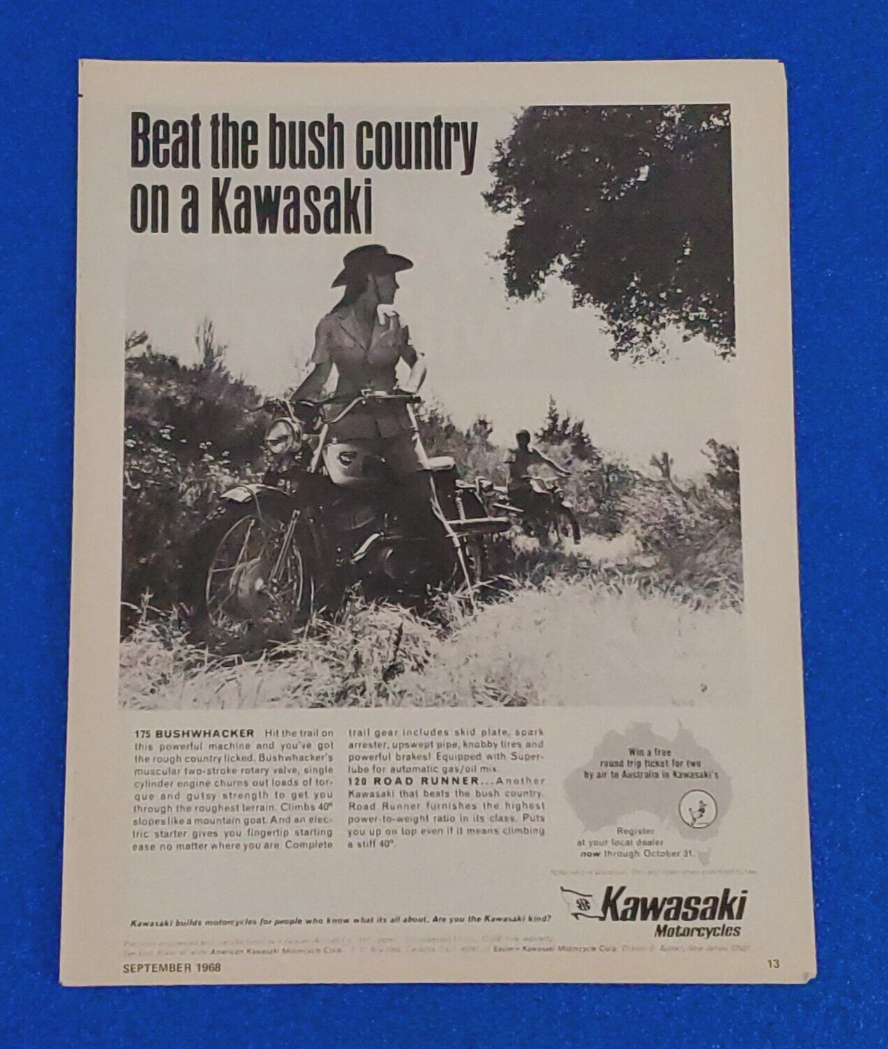 1968 KAWASAKI BUSHWHACKER 175 & ROAD RUNNER 120 ORIGINAL PRINT AD 