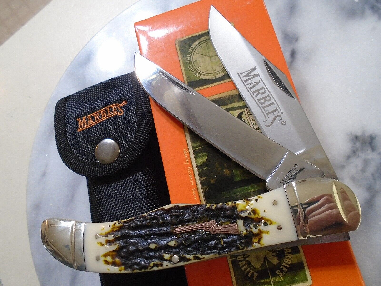 Marbles 2 Blade Folding Hunter Pocket Knife w Sheath Delrin Stag Folder MR417