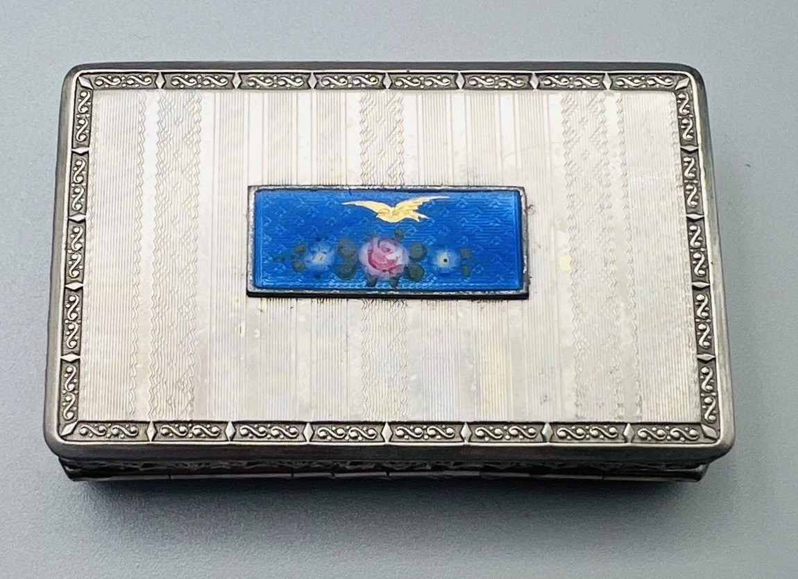 Authentic Antique Art Deco Guilloche Enamel Vanity Pocket Case Hand-Painted