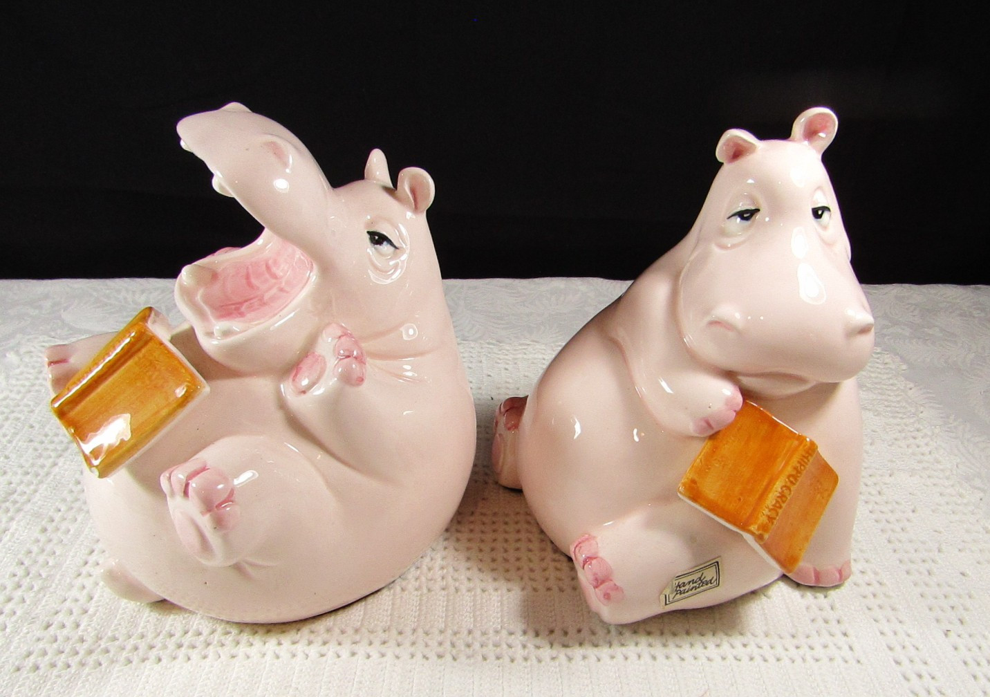 Fitz and Floyd Pink Hippo Ceramic Bookends Japan 1980 HIPPOCRACY Rare Vintage