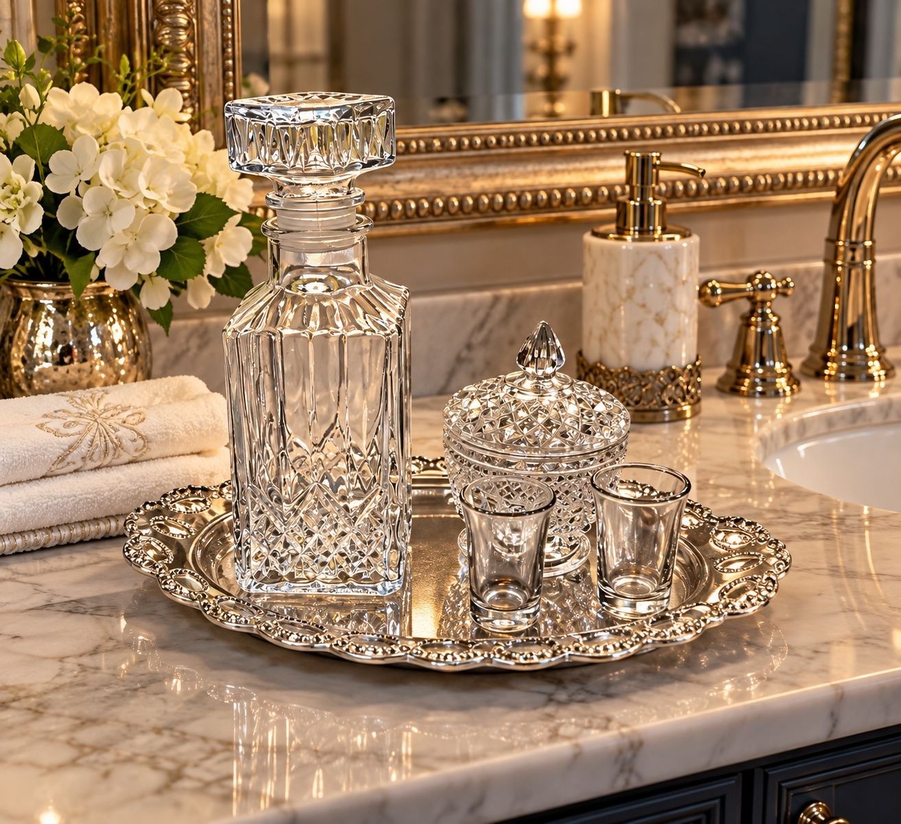 6pc Bathroom vanity set Vintage glass decanter, tray, glasses, container storage 6pc Bathroom vanity set Vintage glass decanter, tray, glasses, container storage