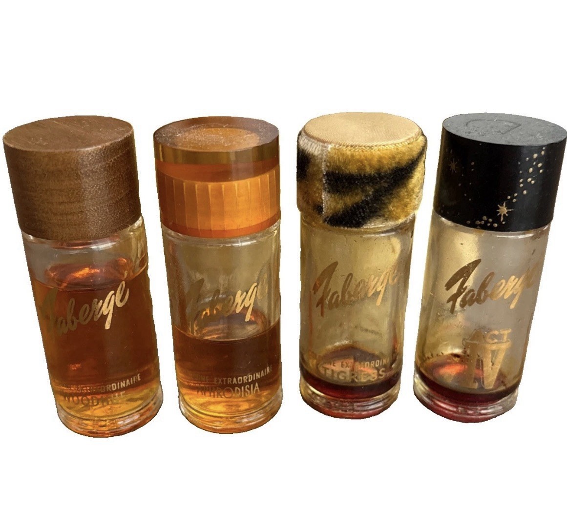 Vintage FABERGÉ VANITY QUARTETTE Cologne Set Act IV Tigress Aphrodisia Woodhue
