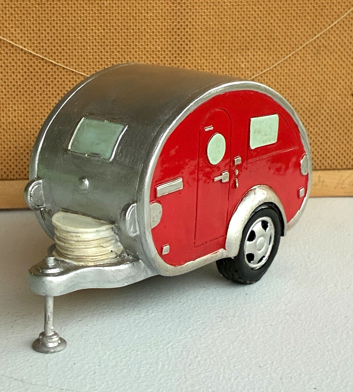 Vintage Teardrop Camper Trailer Coin Bank Red Silver Summer Stash RV Piggy Bank