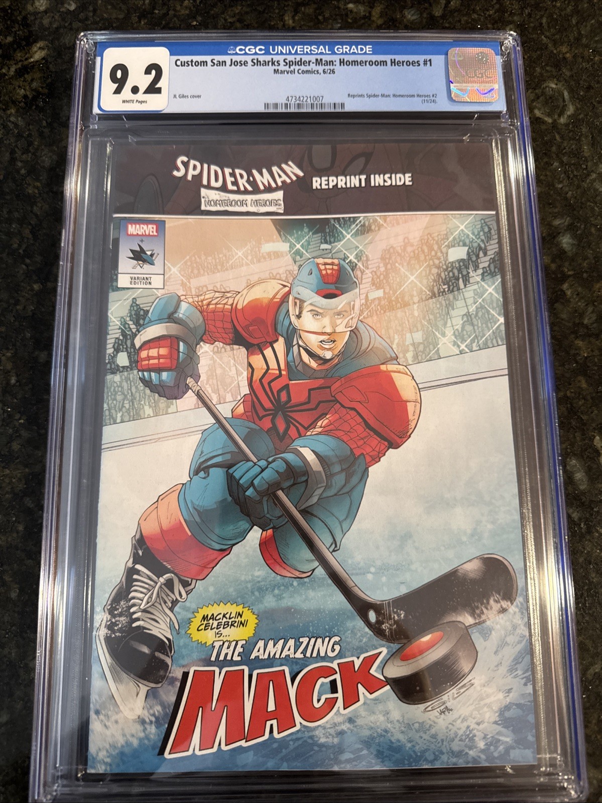 2026 San Jose Sharks Macklin Celebrini Marvel Spider-Man CGC 9.2 NHL Hockey Hero