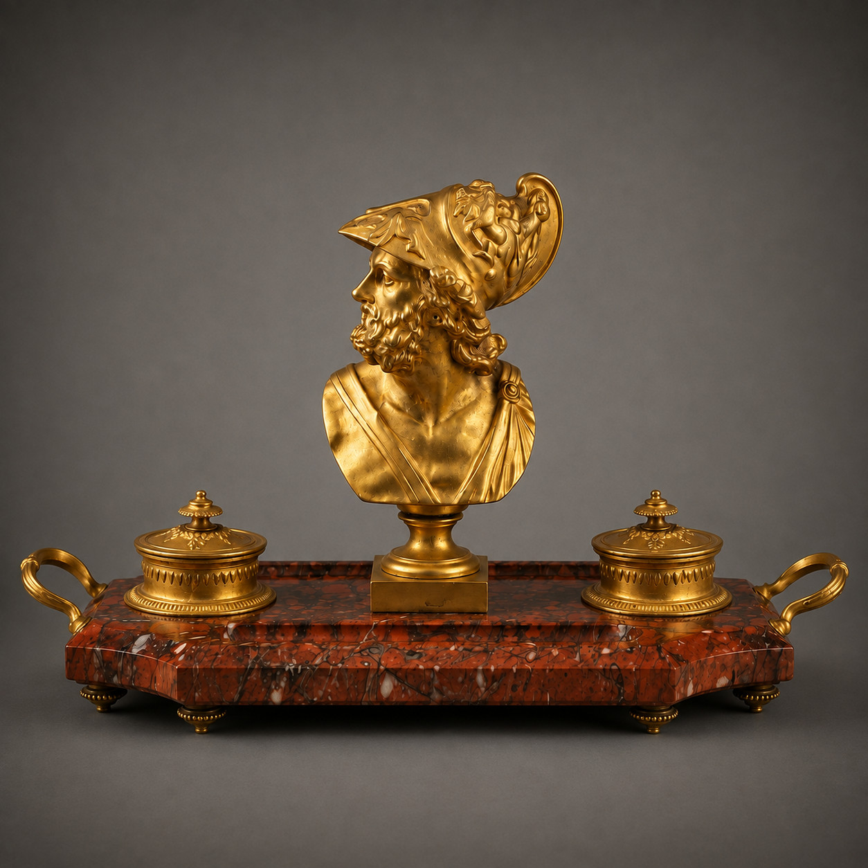 Antique Grand Tour Dore Bronze & Red Marble Inkwell 14