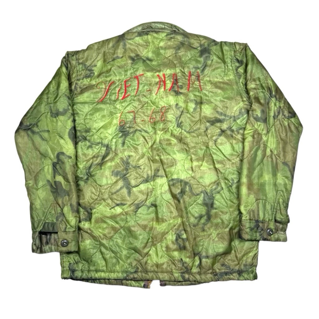 Vintage 1960s Vietnam War Quilted Camo Liner Jacket  Embroidered “Vietnam 67-68”
