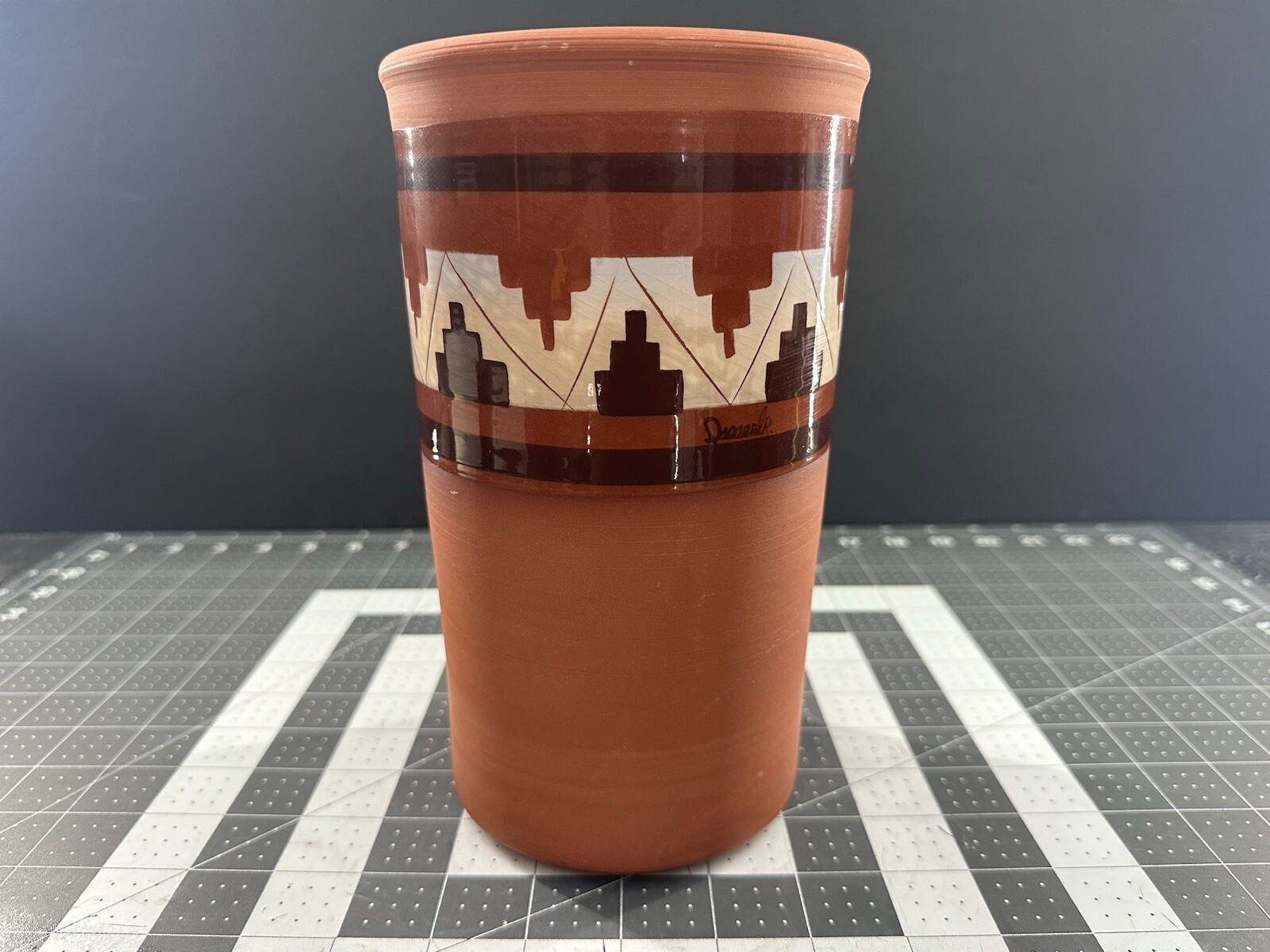 Authentic Red Clay Pottery Vase Matt Finish Gloss Geometric Strip Artist Signed